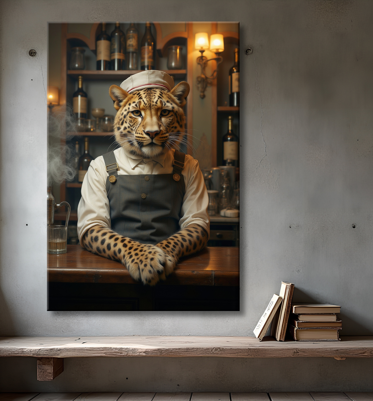 Tableau léopard serveur vintage - Animal anthropomorphe élégant dans un bar rétro avec decor