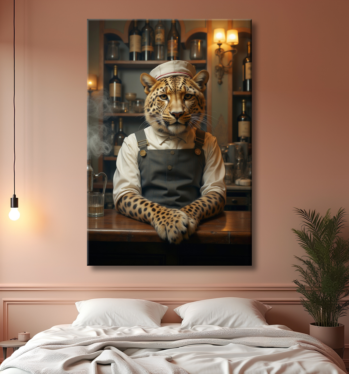 Tableau léopard serveur vintage - Animal anthropomorphe élégant dans un bar rétro avec decor