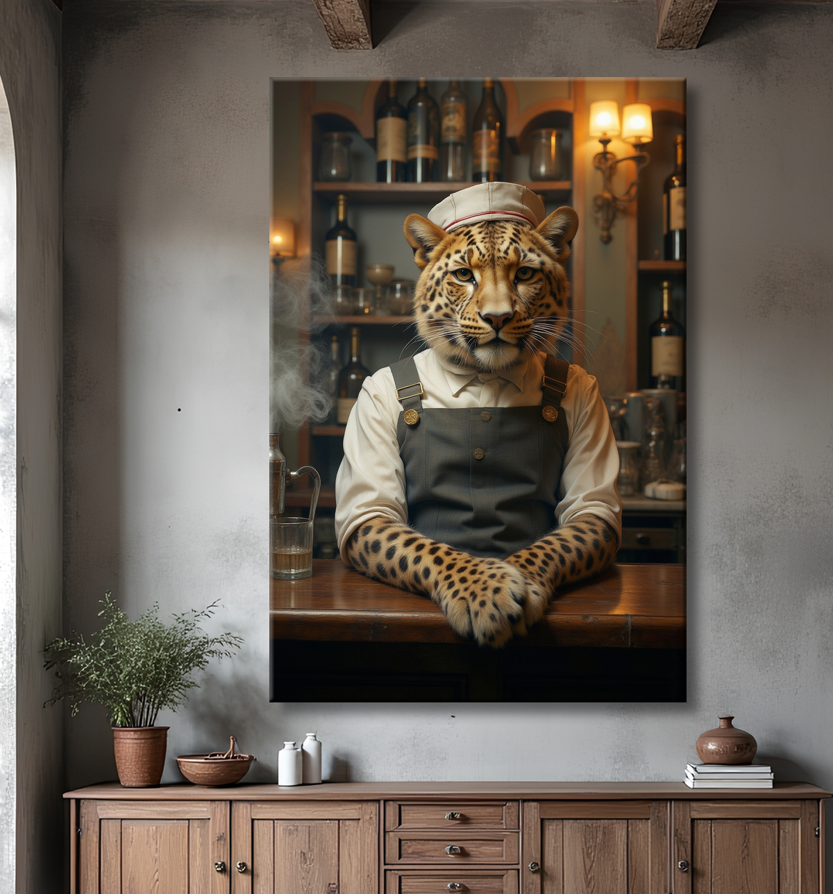 Tableau léopard serveur vintage - Animal anthropomorphe élégant dans un bar rétro avec decor
