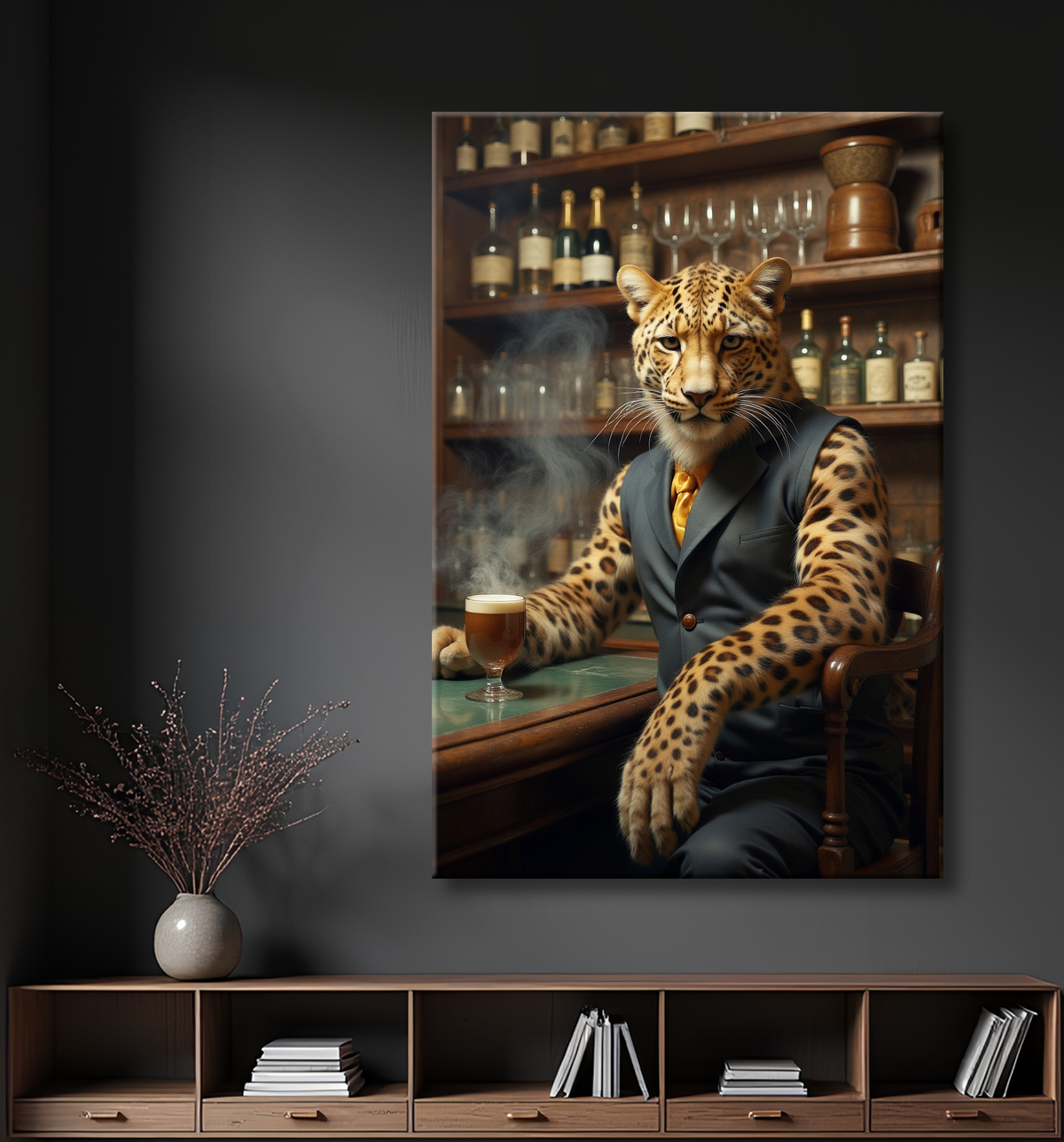 Tableau léopard serveur vintage - Animal anthropomorphe élégant dans un bar rétro avec decor