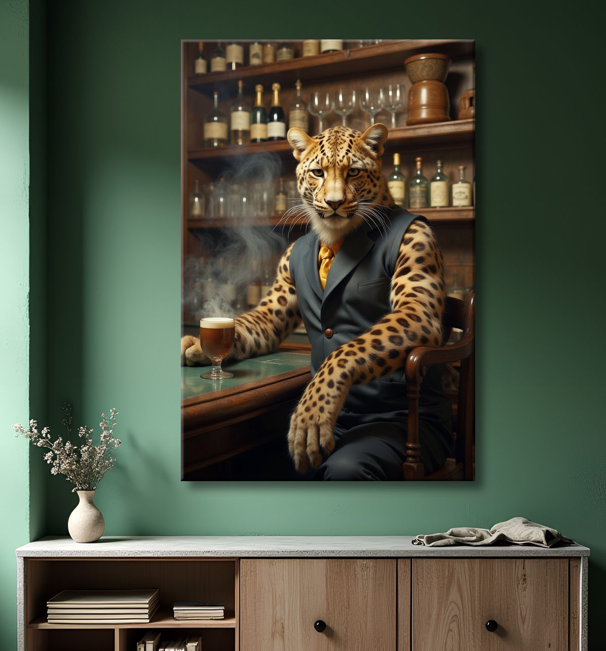 Tableau léopard serveur vintage - Animal anthropomorphe élégant dans un bar rétro avec decor