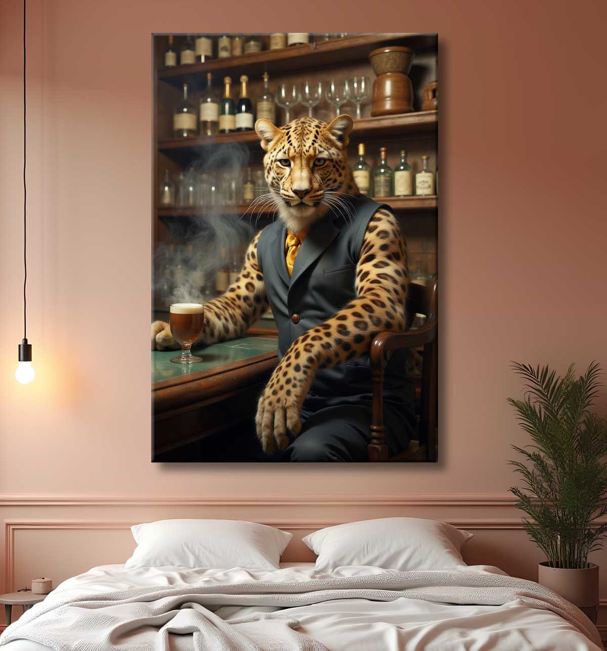 Tableau léopard serveur vintage - Animal anthropomorphe élégant dans un bar rétro avec decor