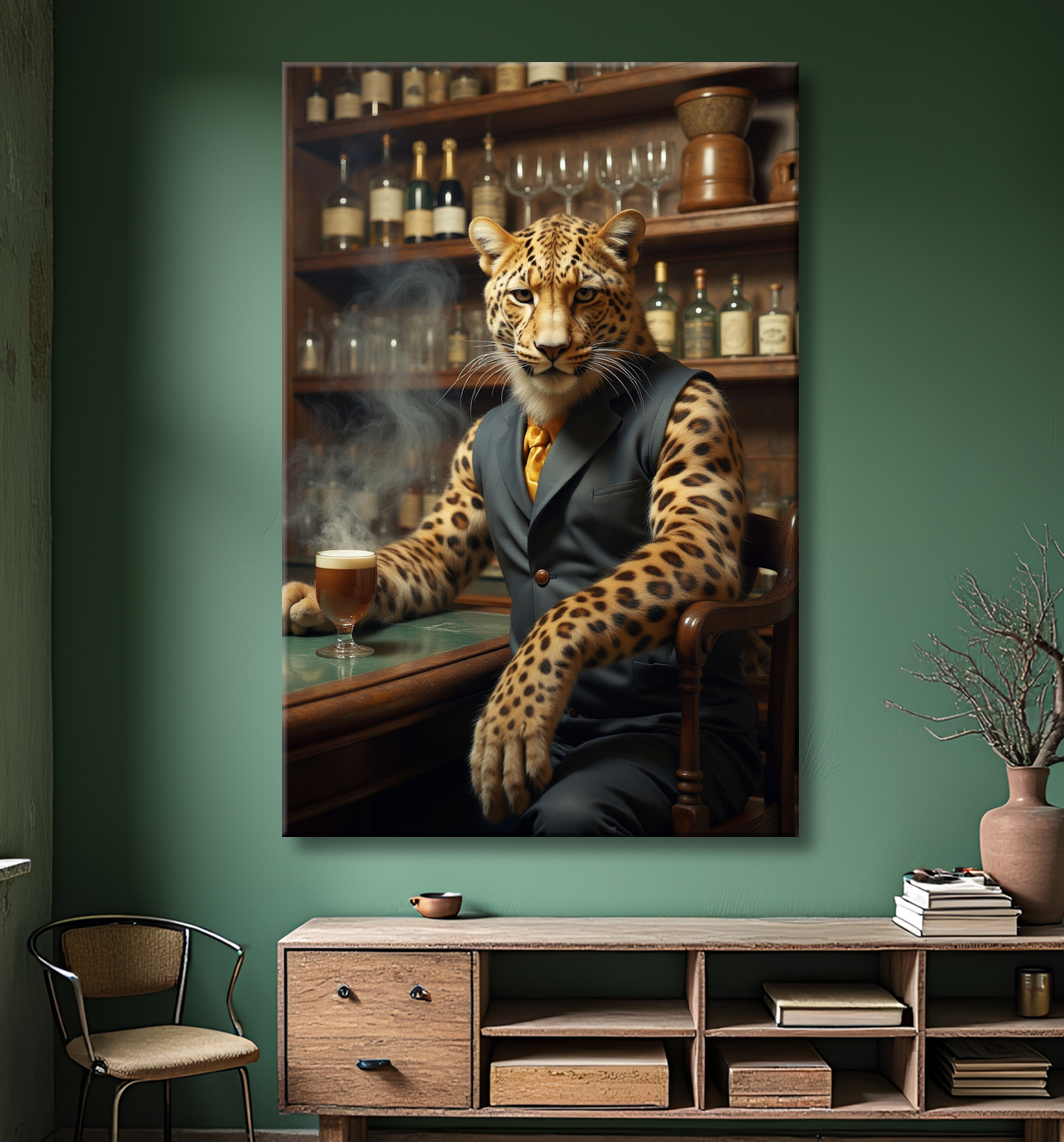 Tableau léopard serveur vintage - Animal anthropomorphe élégant dans un bar rétro avec decor