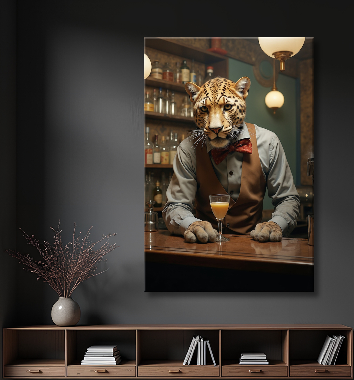 Tableau léopard serveur vintage - Animal anthropomorphe élégant dans un bar rétro avec decor