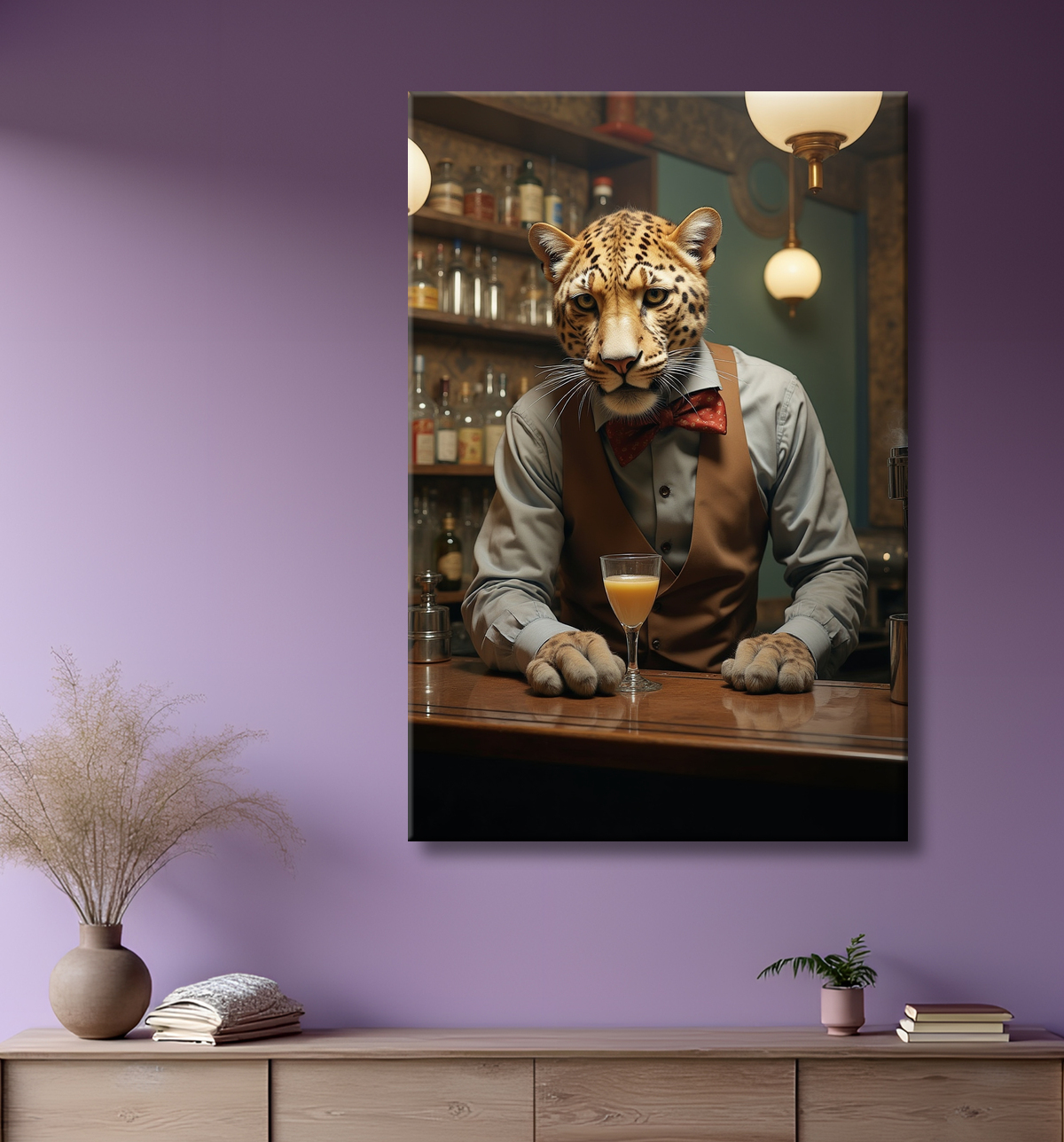 Tableau léopard serveur vintage - Animal anthropomorphe élégant dans un bar rétro avec decor