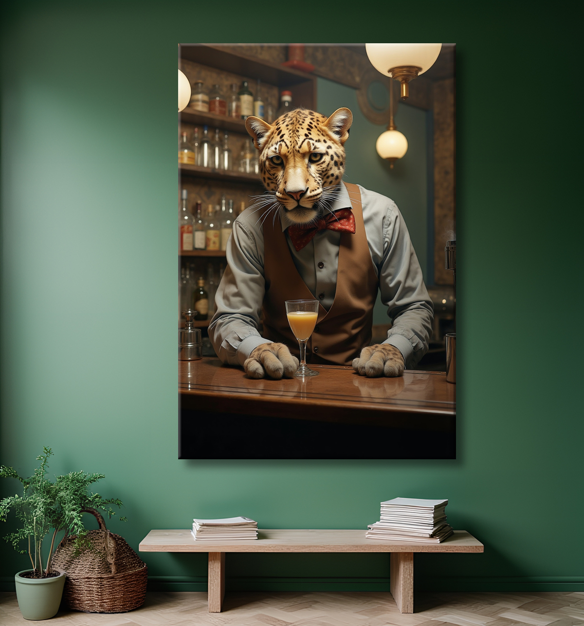 Tableau léopard serveur vintage - Animal anthropomorphe élégant dans un bar rétro avec decor