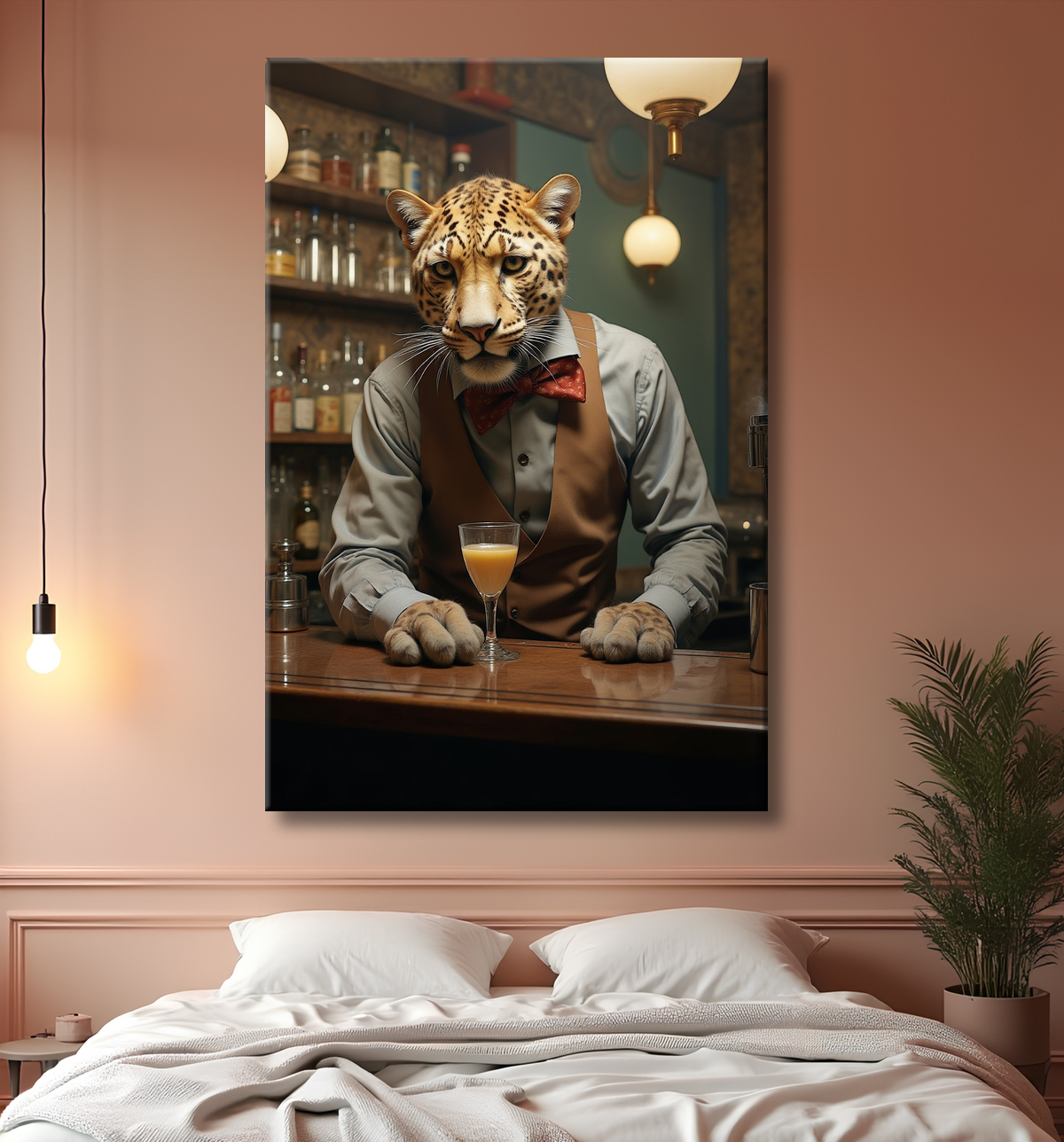 Tableau léopard serveur vintage - Animal anthropomorphe élégant dans un bar rétro avec decor