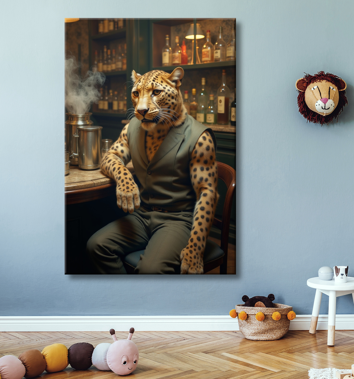 Tableau léopard serveur vintage - Animal anthropomorphe élégant dans un bar rétro avec decor