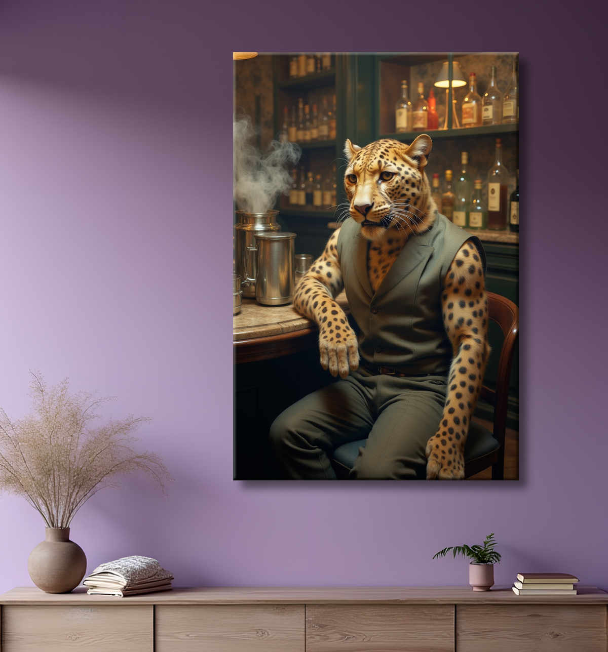 Tableau léopard serveur vintage - Animal anthropomorphe élégant dans un bar rétro avec decor