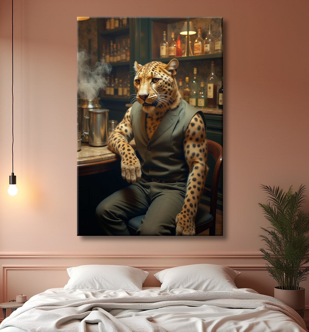 Tableau léopard serveur vintage - Animal anthropomorphe élégant dans un bar rétro avec decor