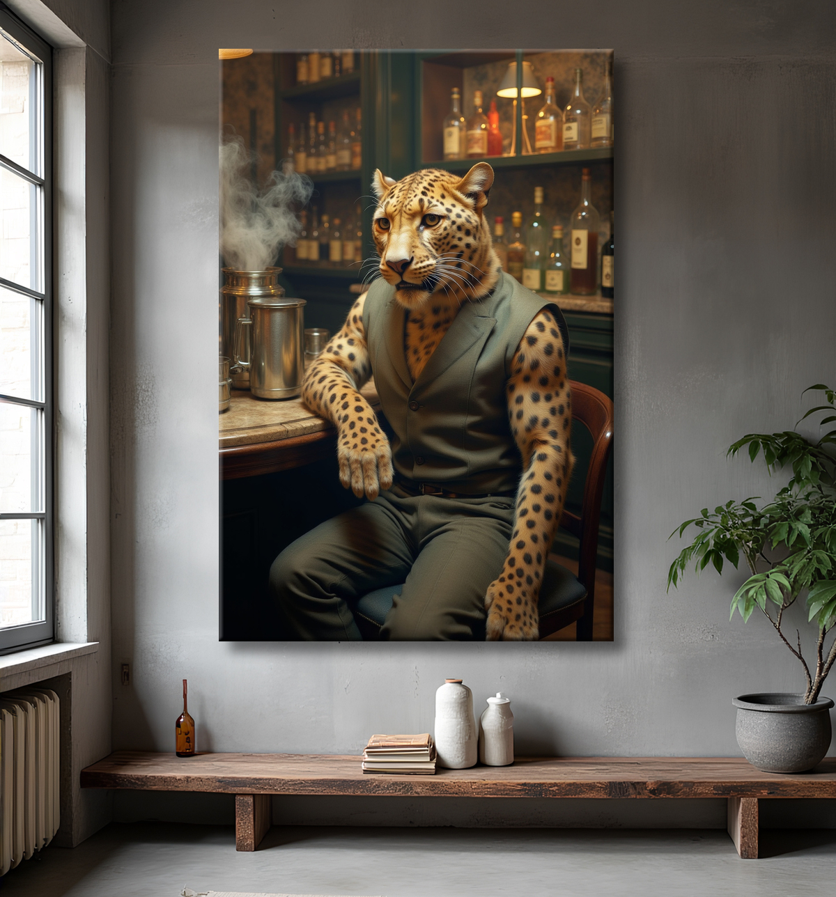 Tableau léopard serveur vintage - Animal anthropomorphe élégant dans un bar rétro avec decor