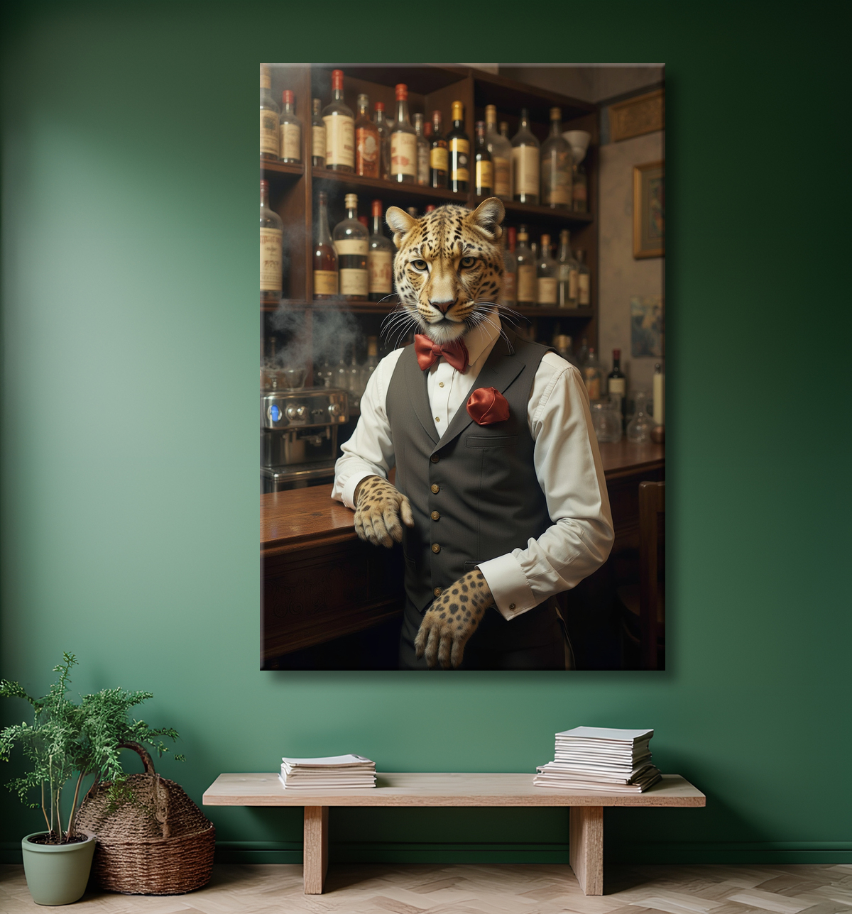 Tableau léopard serveur vintage - Animal anthropomorphe élégant dans un bar rétro avec decor
