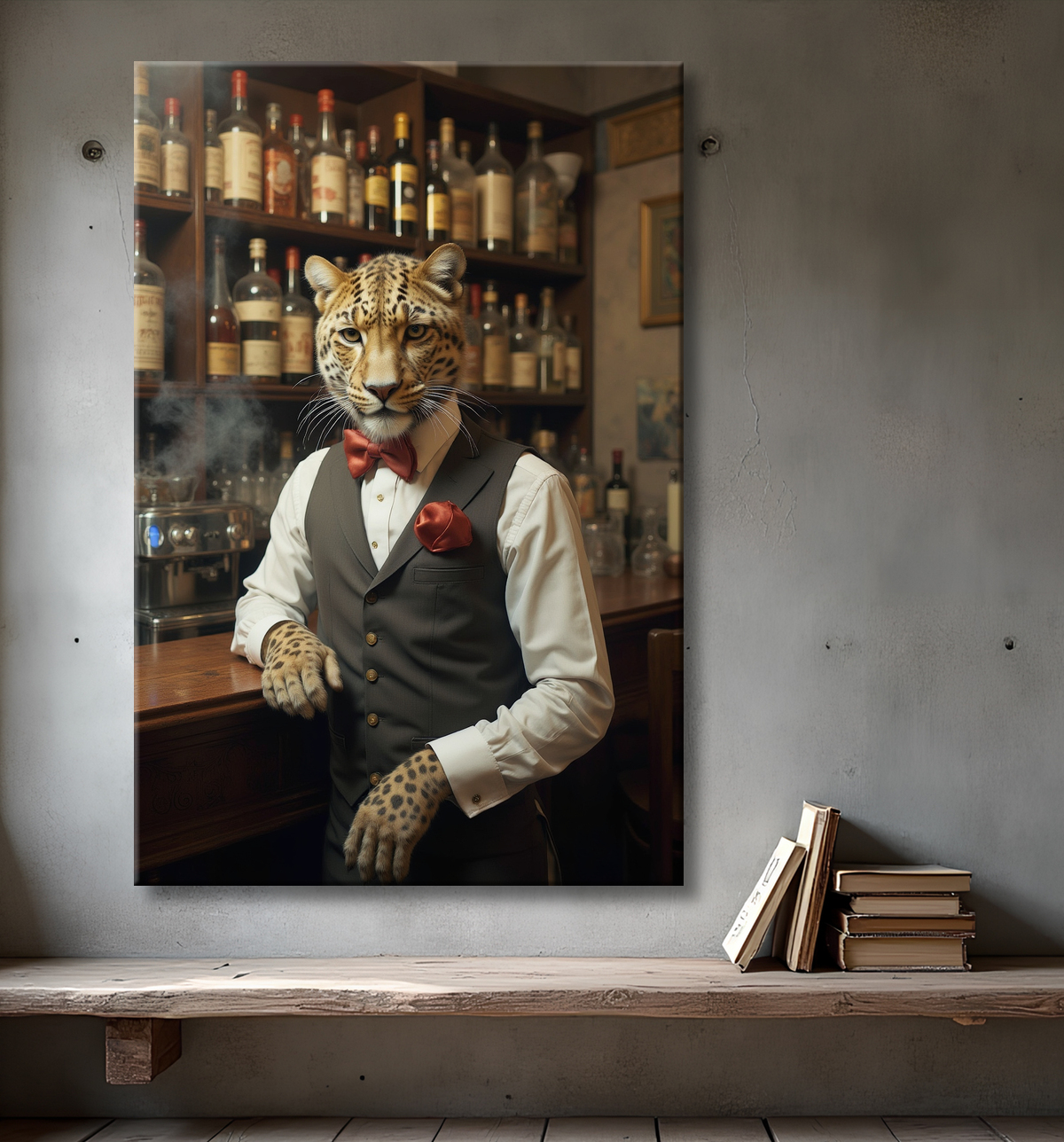 Tableau léopard serveur vintage - Animal anthropomorphe élégant dans un bar rétro avec decor