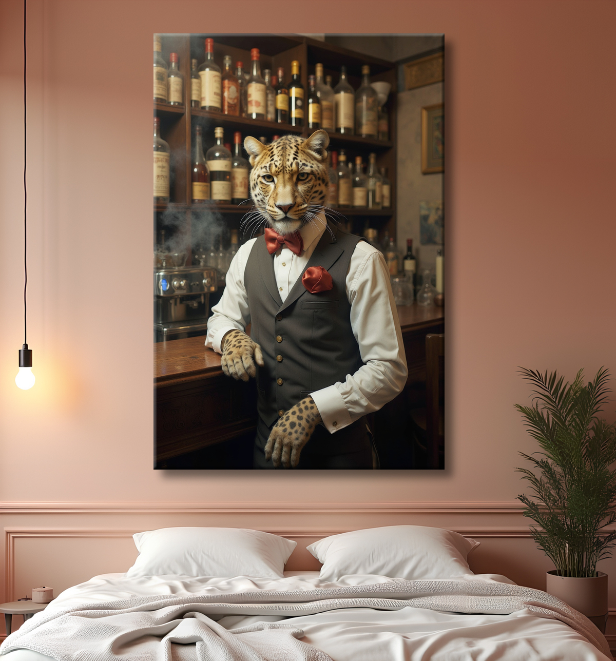 Tableau léopard serveur vintage - Animal anthropomorphe élégant dans un bar rétro avec decor