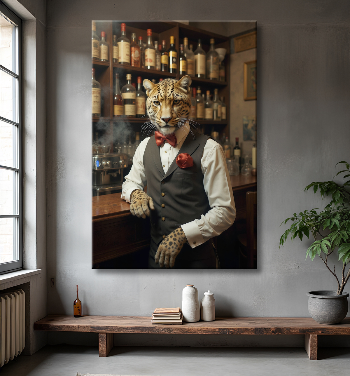 Tableau léopard serveur vintage - Animal anthropomorphe élégant dans un bar rétro avec decor