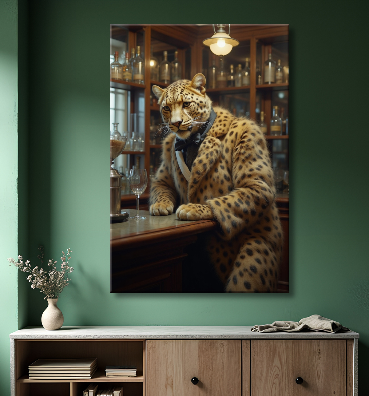 Tableau léopard serveur vintage - Animal anthropomorphe élégant dans un bar rétro avec decor