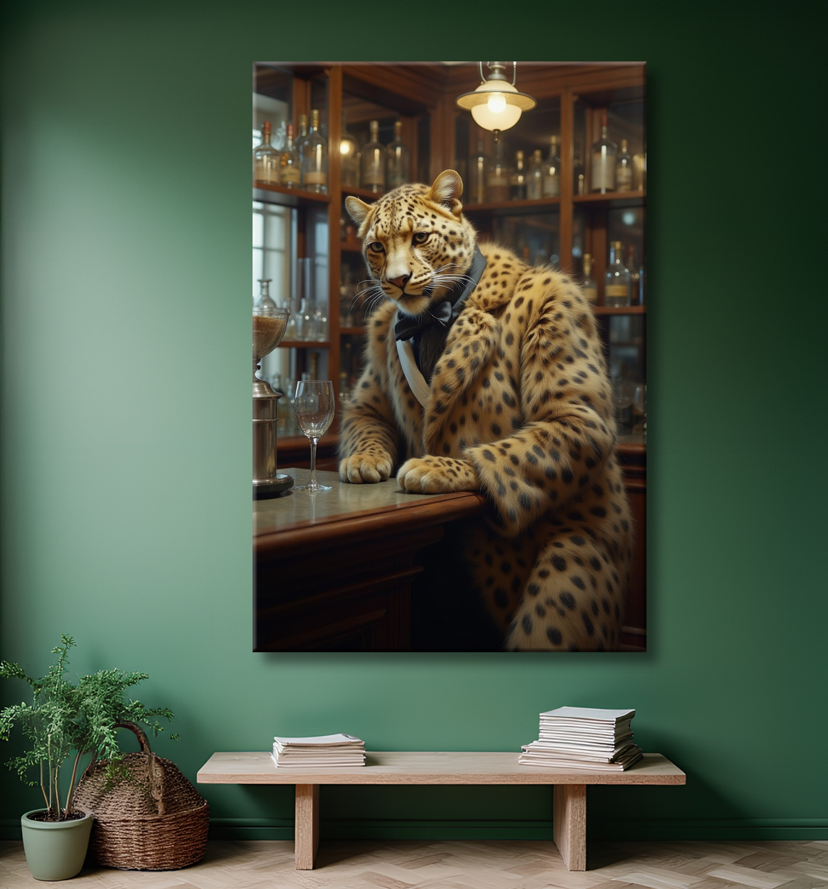 Tableau léopard serveur vintage - Animal anthropomorphe élégant dans un bar rétro avec decor