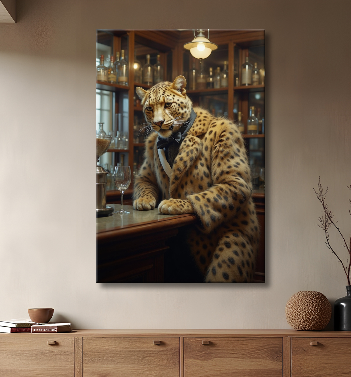 Tableau léopard serveur vintage - Animal anthropomorphe élégant dans un bar rétro avec decor