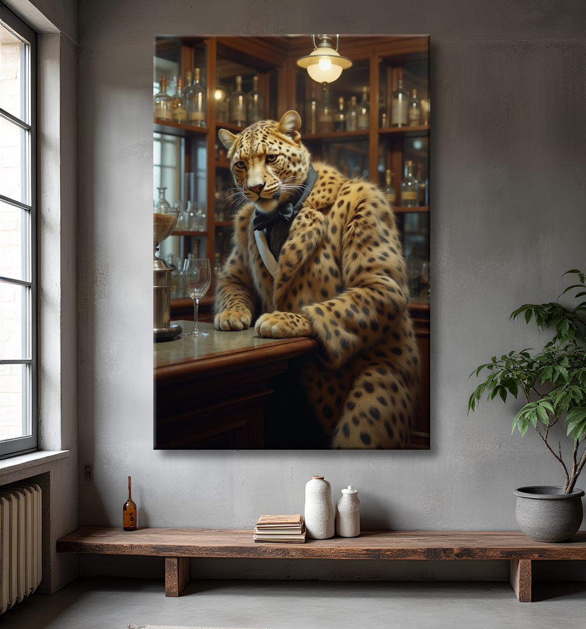 Tableau léopard serveur vintage - Animal anthropomorphe élégant dans un bar rétro avec decor