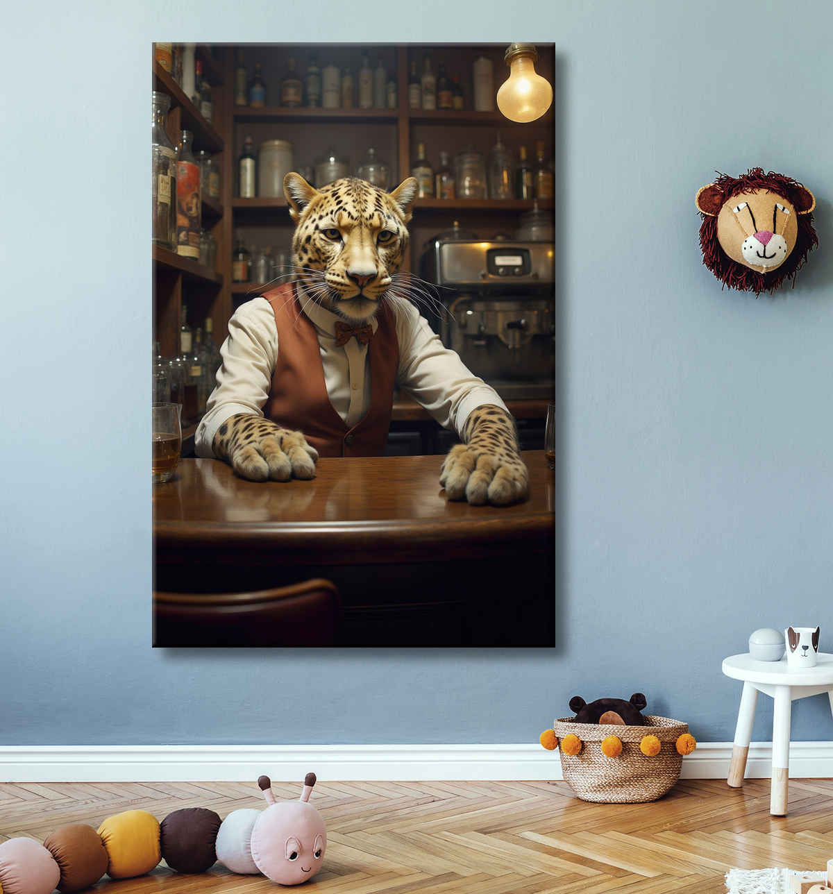 Tableau léopard serveur vintage - Animal anthropomorphe élégant dans un bar rétro avec decor