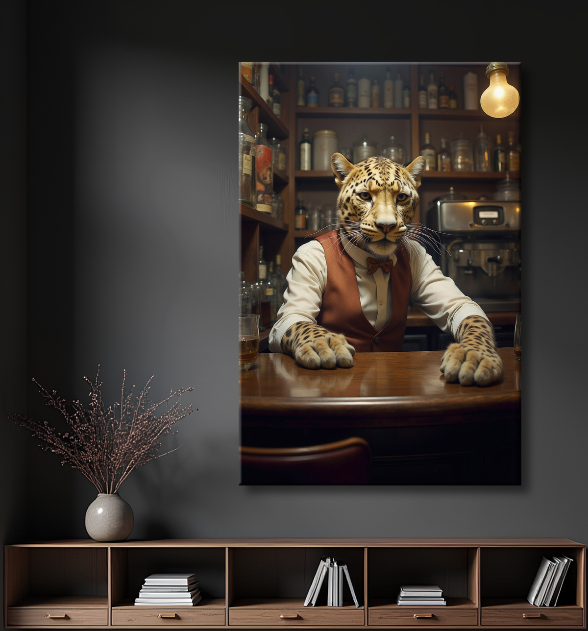 Tableau léopard serveur vintage - Animal anthropomorphe élégant dans un bar rétro avec decor