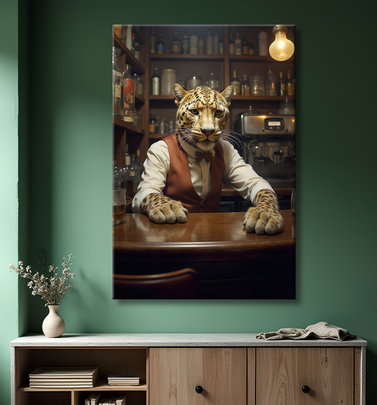 Tableau léopard serveur vintage - Animal anthropomorphe élégant dans un bar rétro avec decor