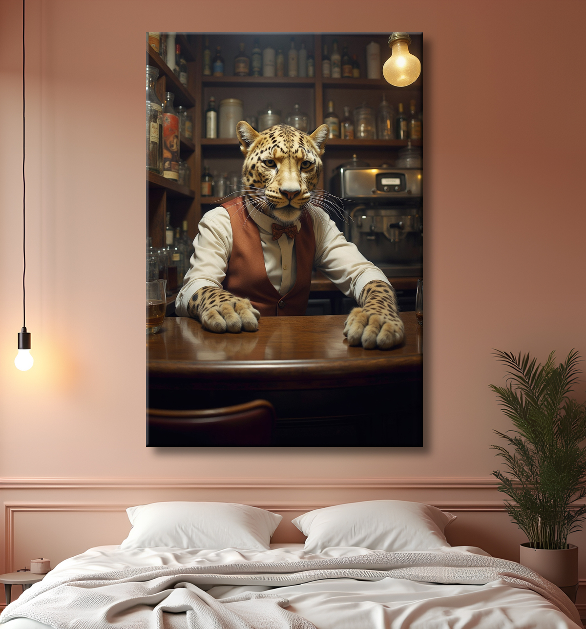 Tableau léopard serveur vintage - Animal anthropomorphe élégant dans un bar rétro avec decor