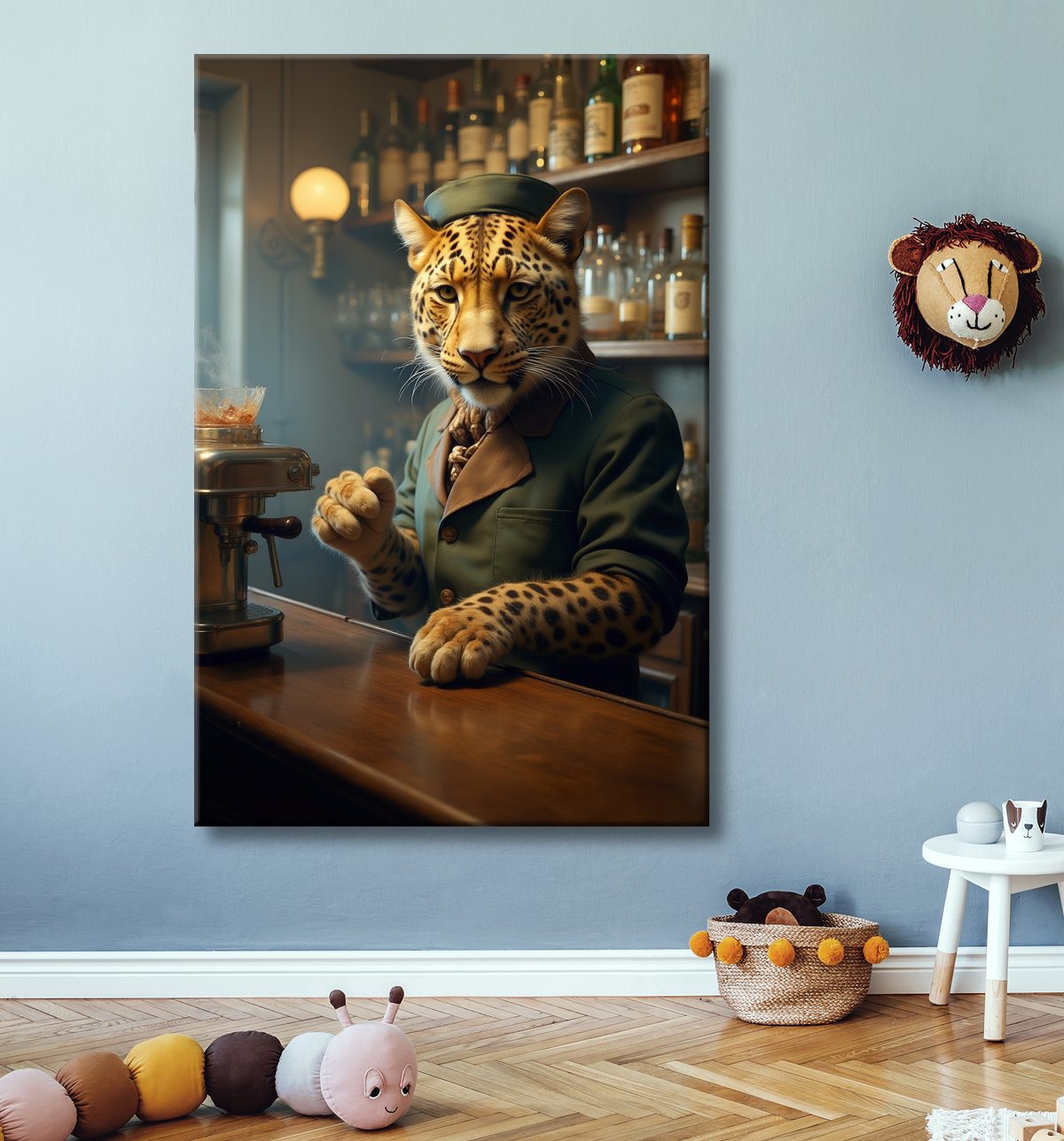 Tableau léopard serveur vintage - Animal anthropomorphe élégant dans un bar rétro avec decor