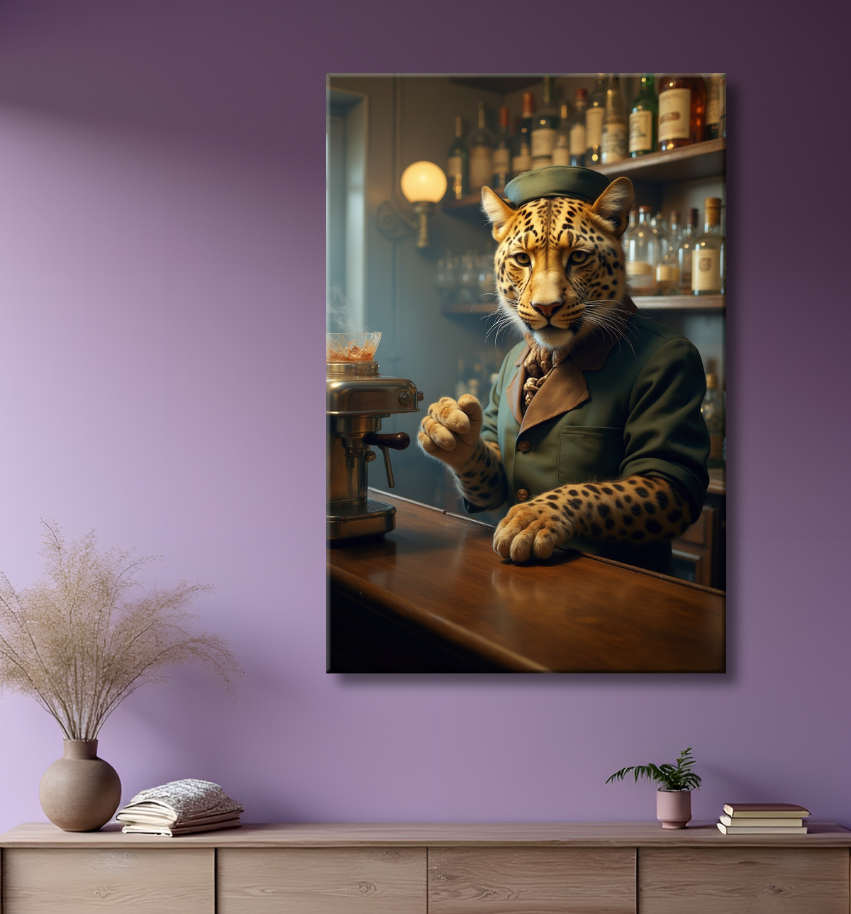 Tableau léopard serveur vintage - Animal anthropomorphe élégant dans un bar rétro avec decor