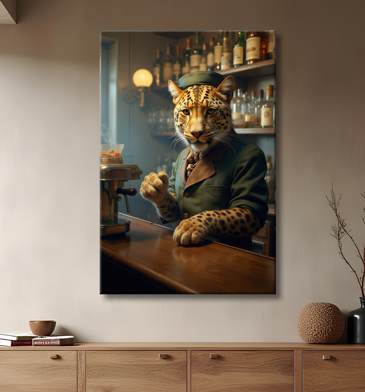 Tableau léopard serveur vintage - Animal anthropomorphe élégant dans un bar rétro avec decor