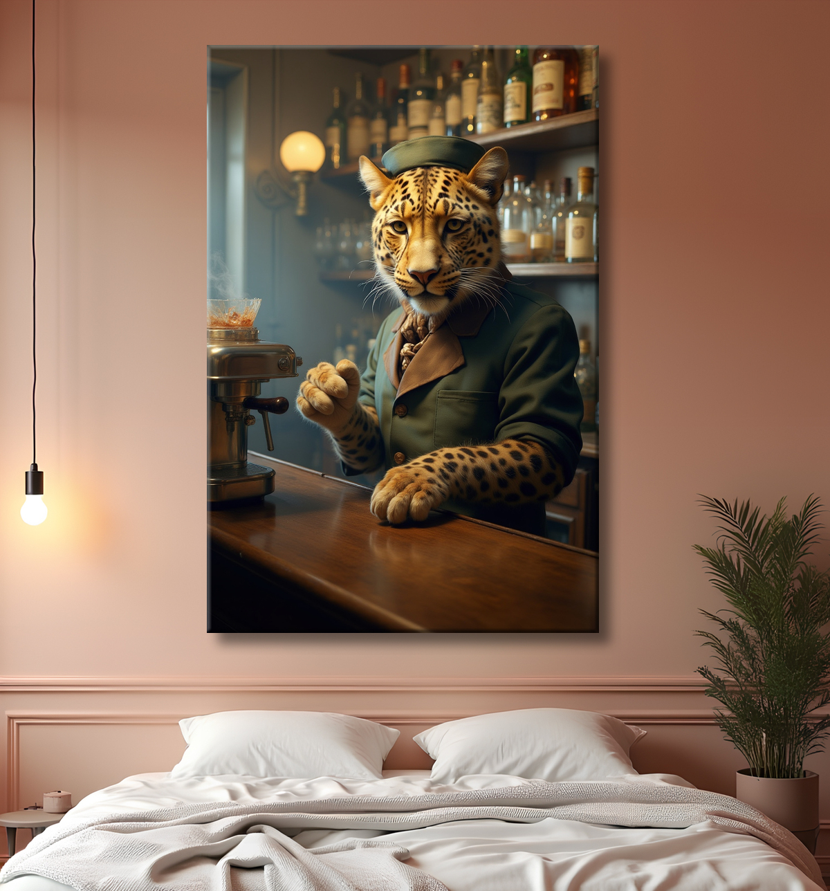 Tableau léopard serveur vintage - Animal anthropomorphe élégant dans un bar rétro avec decor