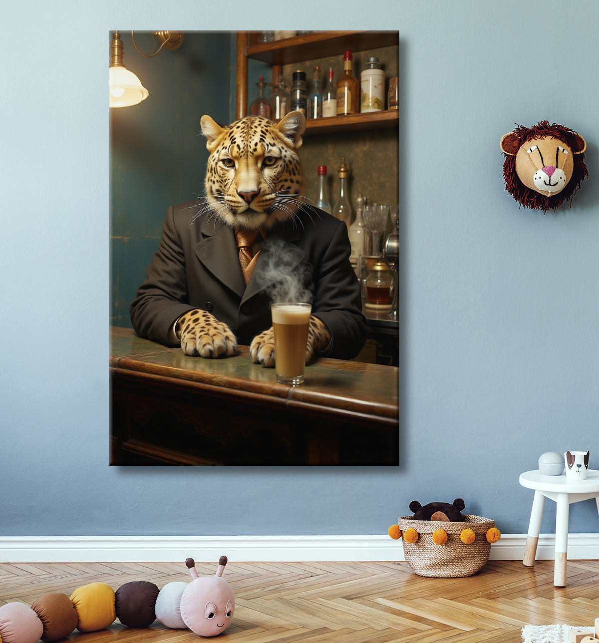 Tableau léopard serveur vintage - Animal anthropomorphe élégant dans un bar rétro avec decor