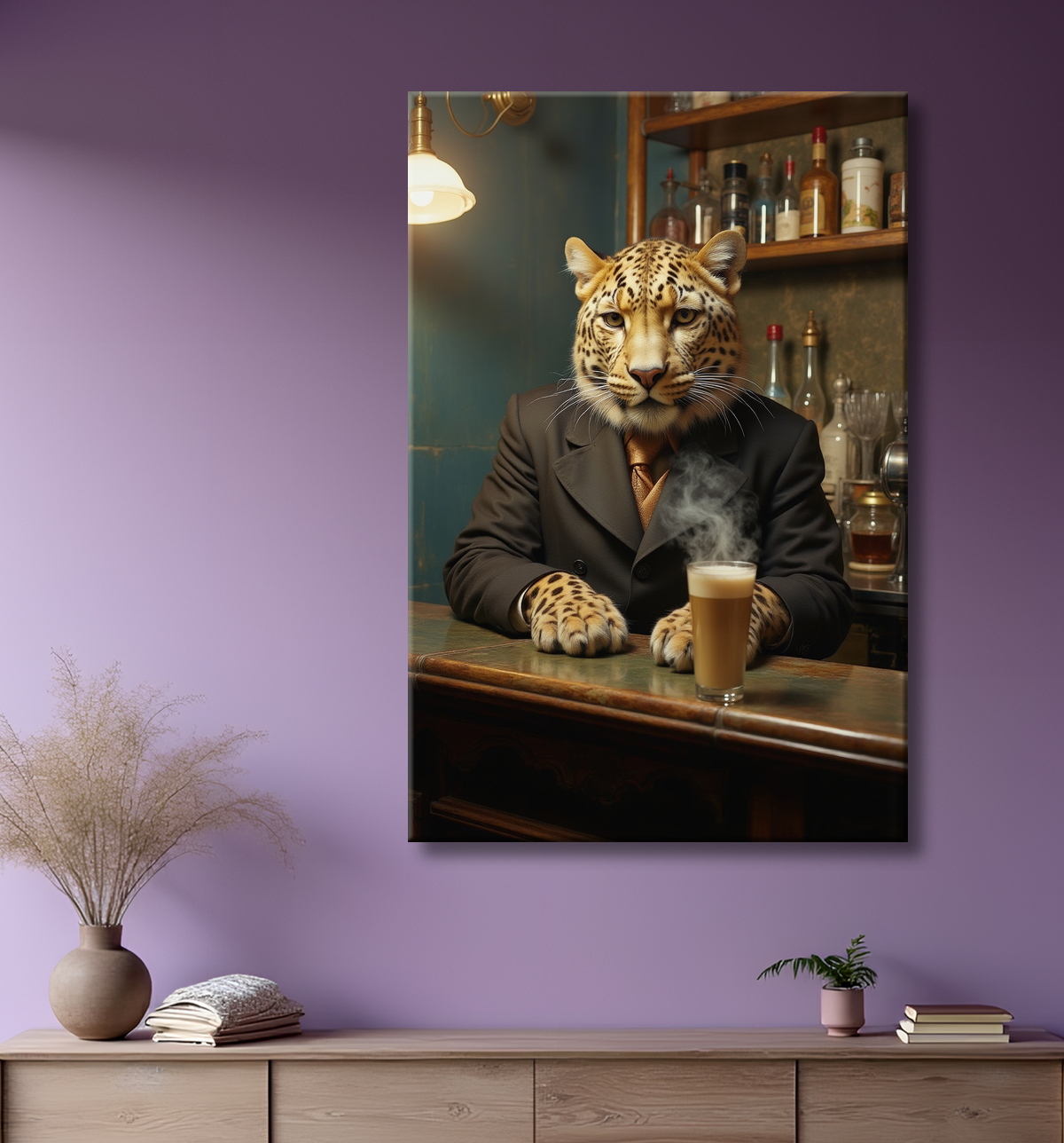 Tableau léopard serveur vintage - Animal anthropomorphe élégant dans un bar rétro avec decor