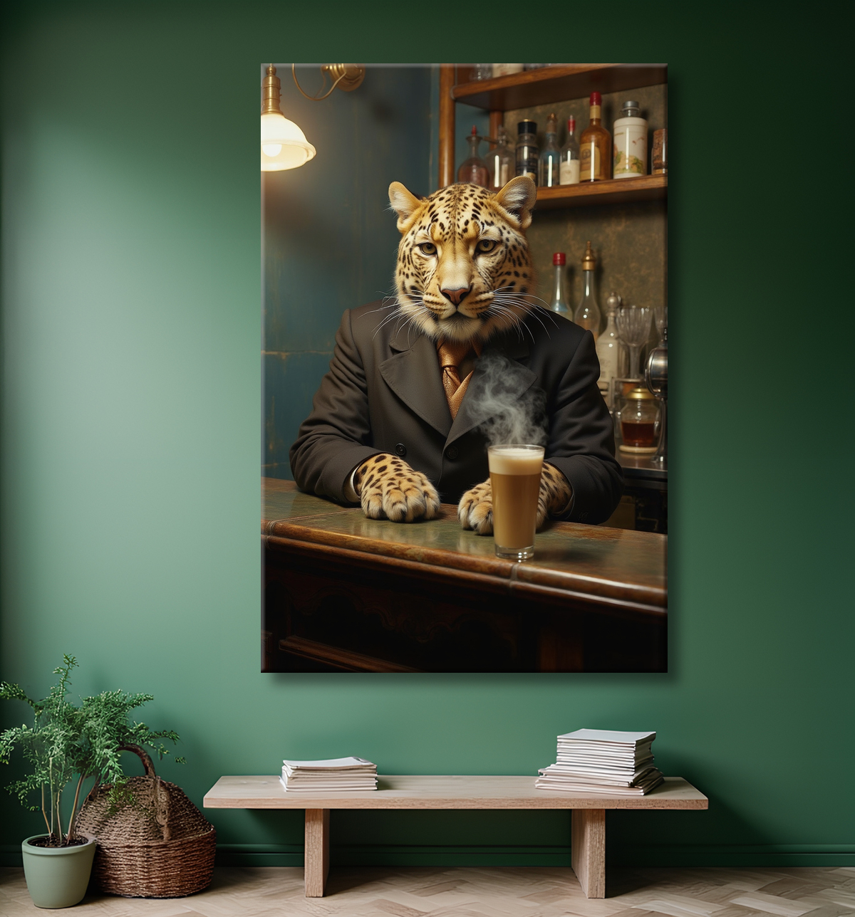 Tableau léopard serveur vintage - Animal anthropomorphe élégant dans un bar rétro avec decor