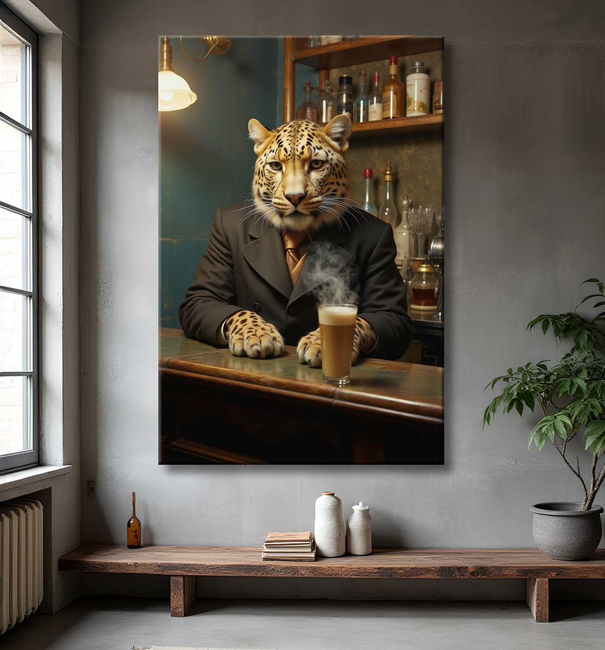 Tableau léopard serveur vintage - Animal anthropomorphe élégant dans un bar rétro avec decor