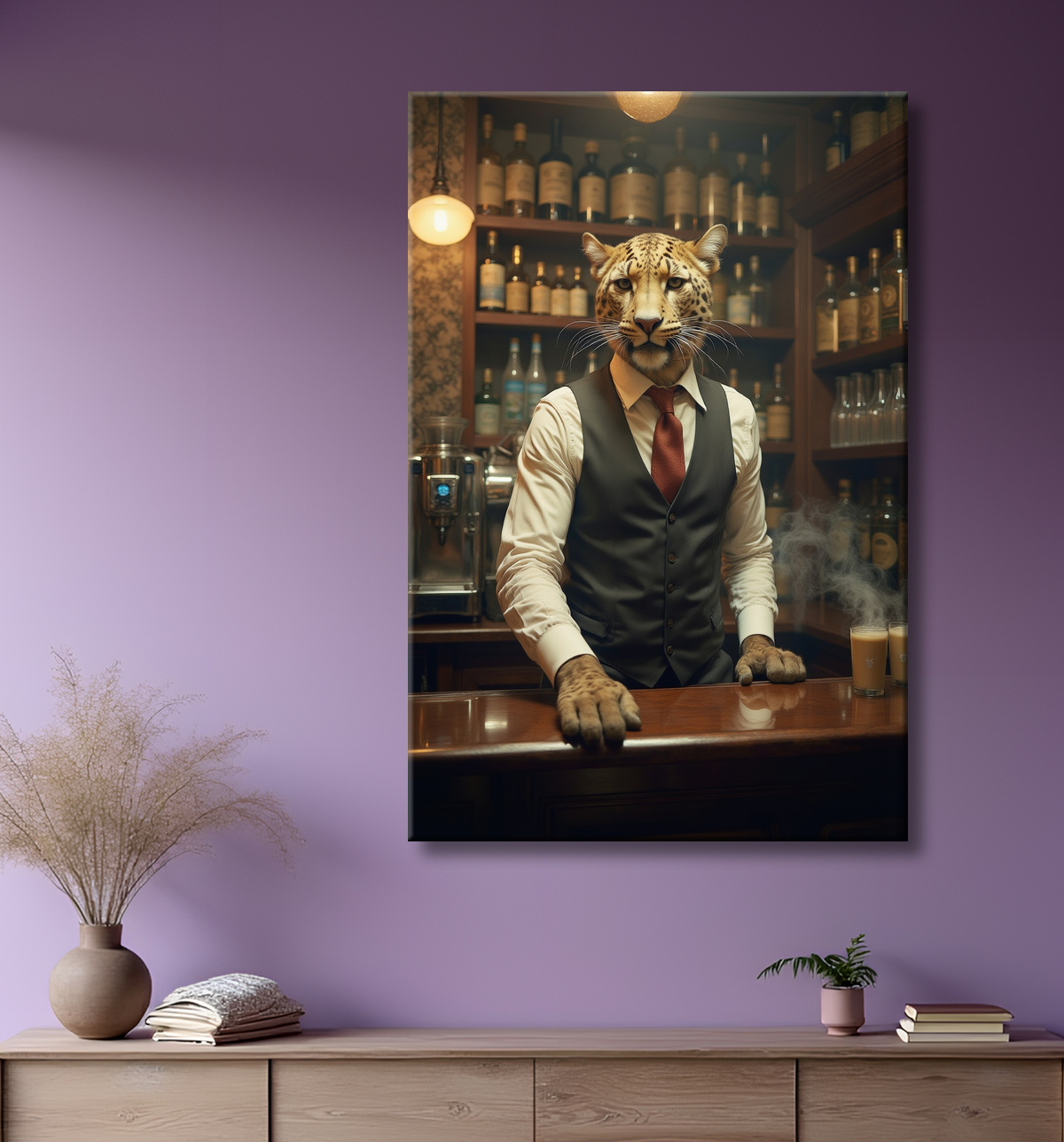 Tableau léopard serveur vintage - Animal anthropomorphe élégant dans un bar rétro avec decor