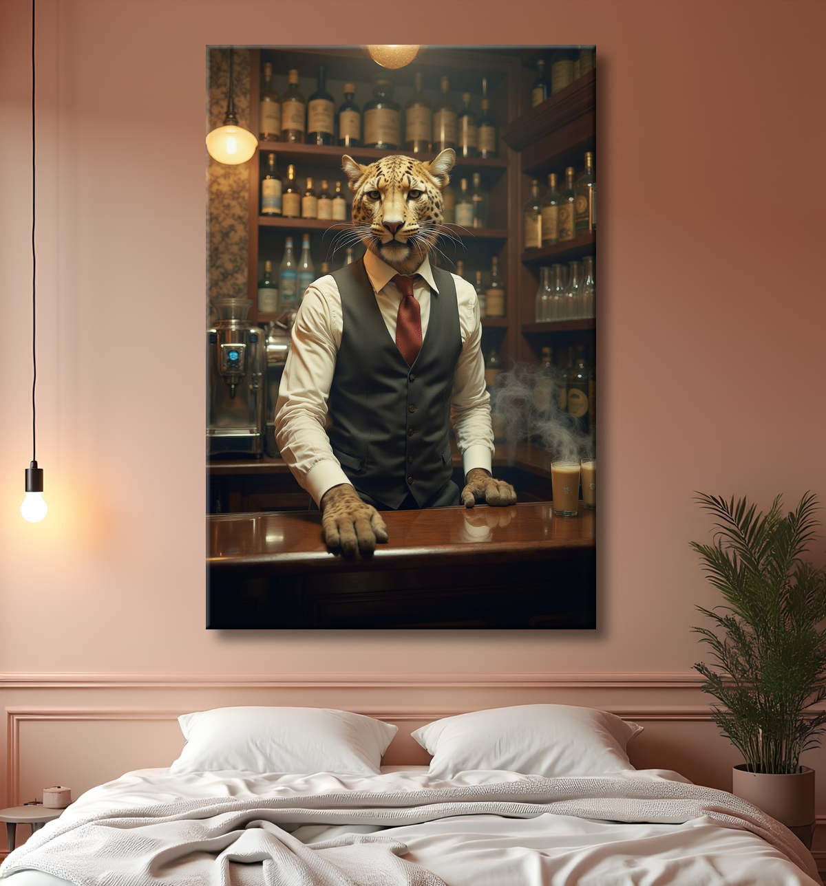 Tableau léopard serveur vintage - Animal anthropomorphe élégant dans un bar rétro avec decor