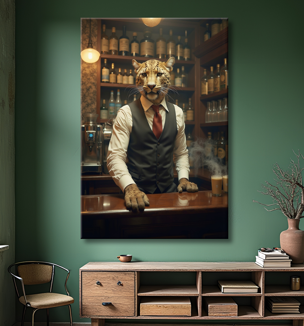 Tableau léopard serveur vintage - Animal anthropomorphe élégant dans un bar rétro avec decor