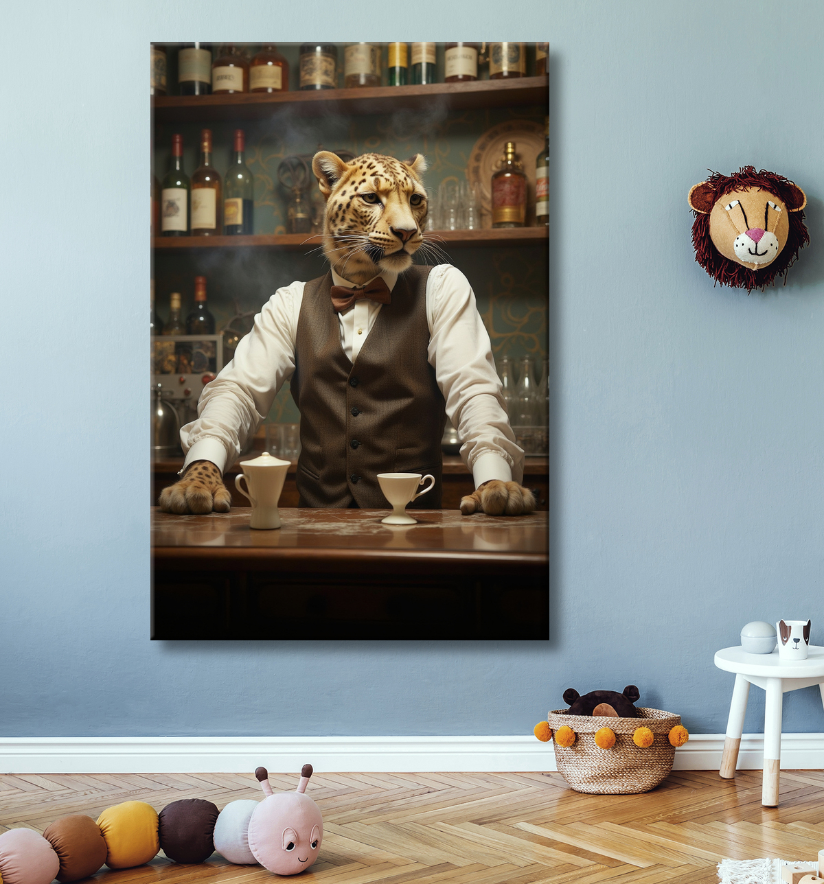 Tableau léopard serveur vintage - Animal anthropomorphe élégant dans un bar rétro avec decor