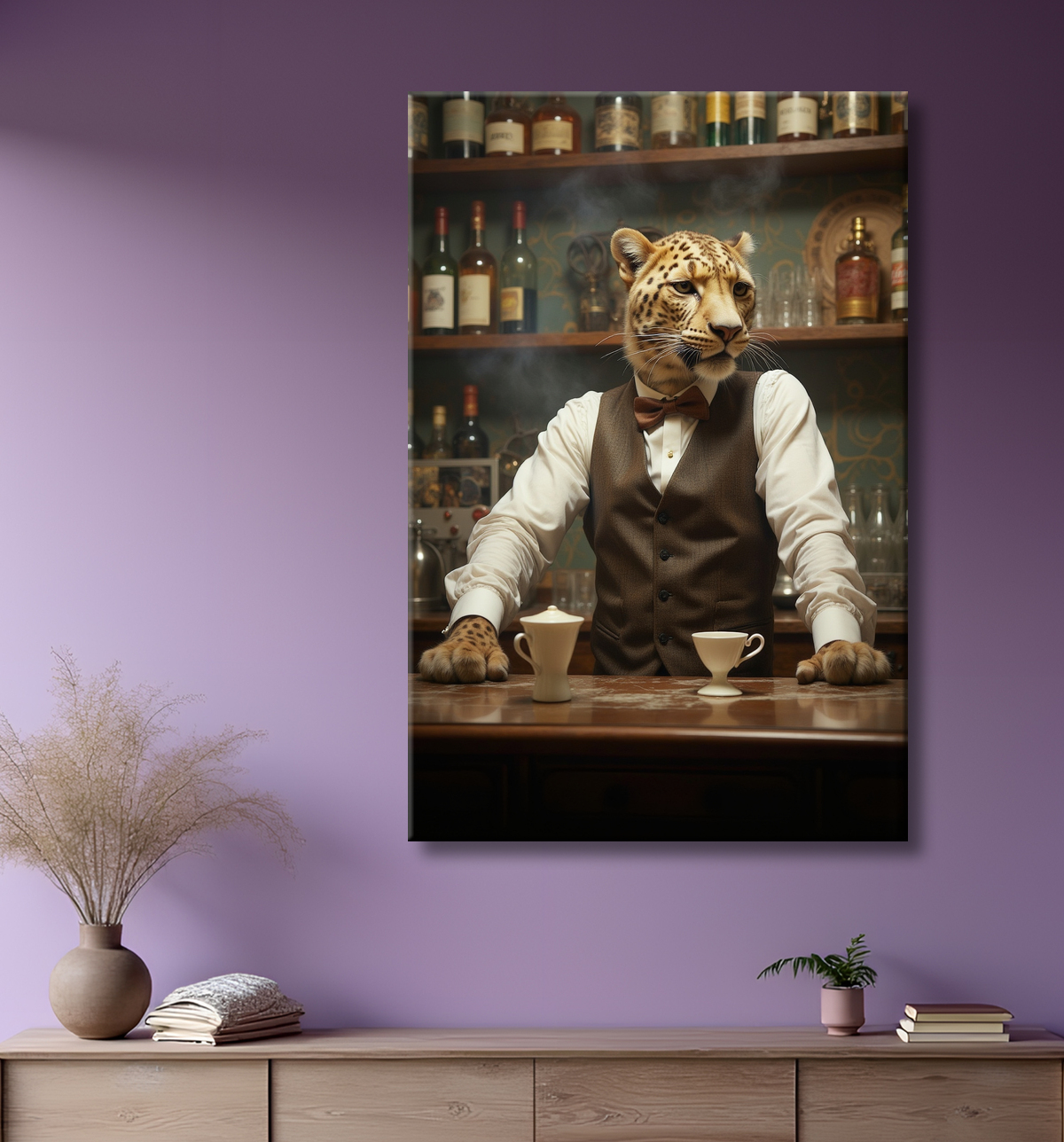 Tableau léopard serveur vintage - Animal anthropomorphe élégant dans un bar rétro avec decor