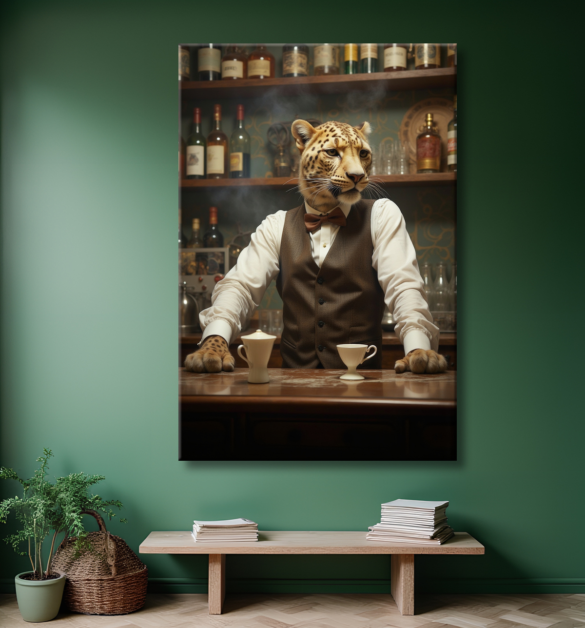 Tableau léopard serveur vintage - Animal anthropomorphe élégant dans un bar rétro avec decor