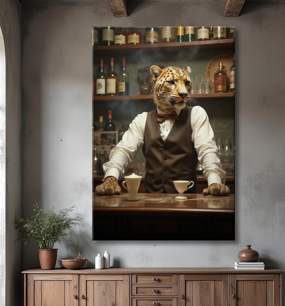 Tableau léopard serveur vintage - Animal anthropomorphe élégant dans un bar rétro avec decor
