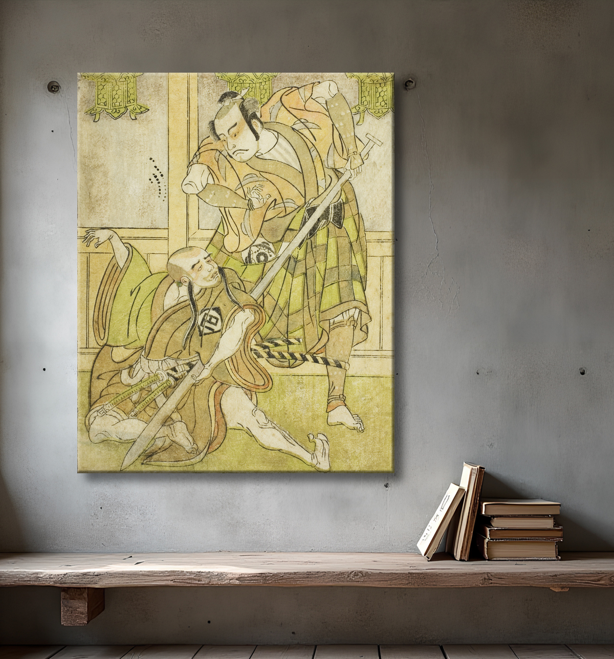 Reproduction Les acteurs Kasaya Matakuro II en Nobuyori déguisé en Yakko Gunnai (à droite) et Miyazaki Hachizo en moine laïc Hambyo Nyudo (à gauche), dans la pièce Nue no Mori Ichiyo no Mato, jouée au théâtre Nakamura le onzième mois, 1770 de Katsukawa Shunsho avec decor