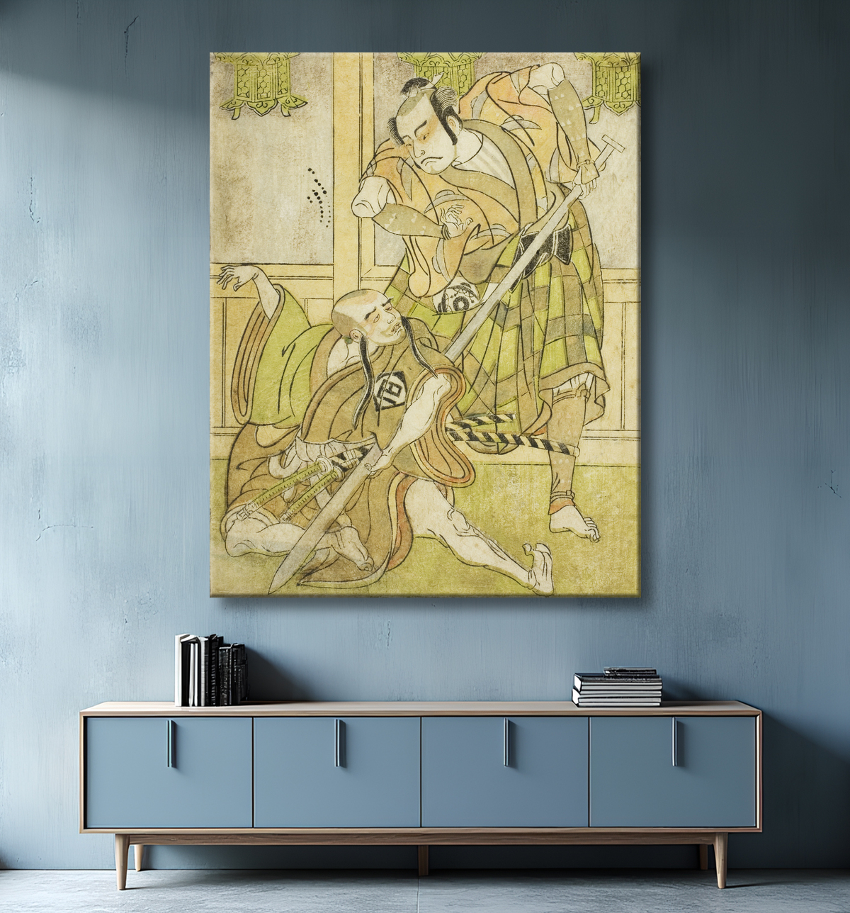 Reproduction Les acteurs Kasaya Matakuro II en Nobuyori déguisé en Yakko Gunnai (à droite) et Miyazaki Hachizo en moine laïc Hambyo Nyudo (à gauche), dans la pièce Nue no Mori Ichiyo no Mato, jouée au théâtre Nakamura le onzième mois, 1770 de Katsukawa Shunsho avec decor