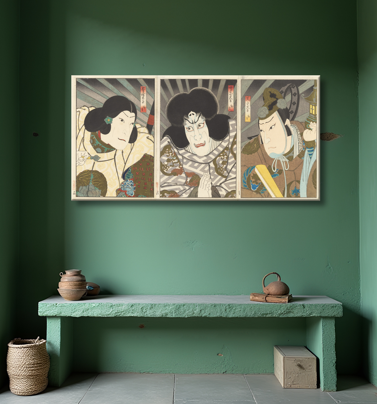 Reproduction Les acteurs Mimasu Daigorō IV dans le rôle d'Umako Daijin (à droite), Ichikawa Ebizō V dans le rôle d'Umaya Daijin (au centre) et Jitsukawa Ensaburō dans le rôle du prince Shōtoku (à gauche) de Gosōtei Hirosada 五粽亭広貞 avec decor