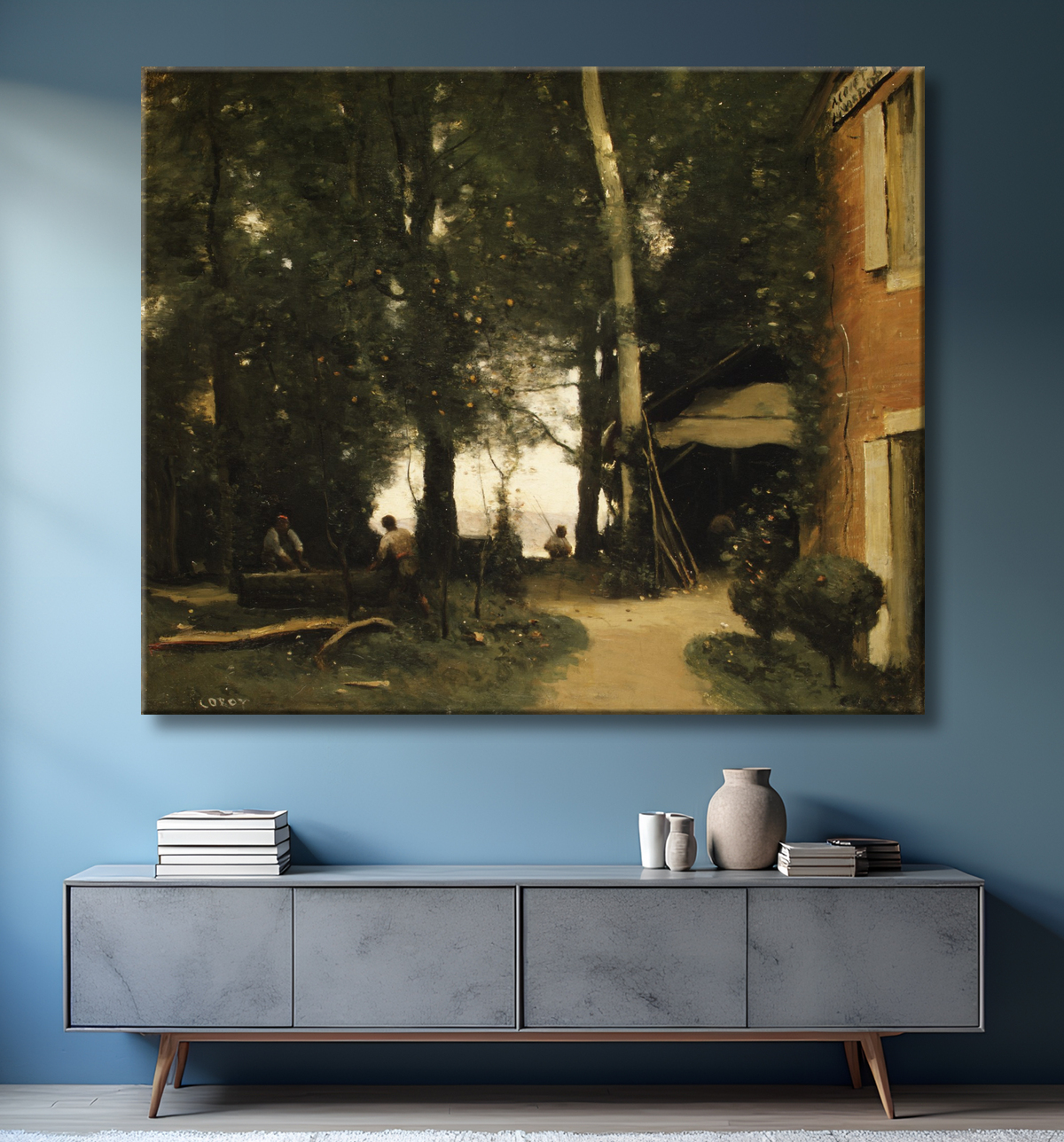 Reproduction Les bords de Seine à Conflans de Camille Corot avec decor