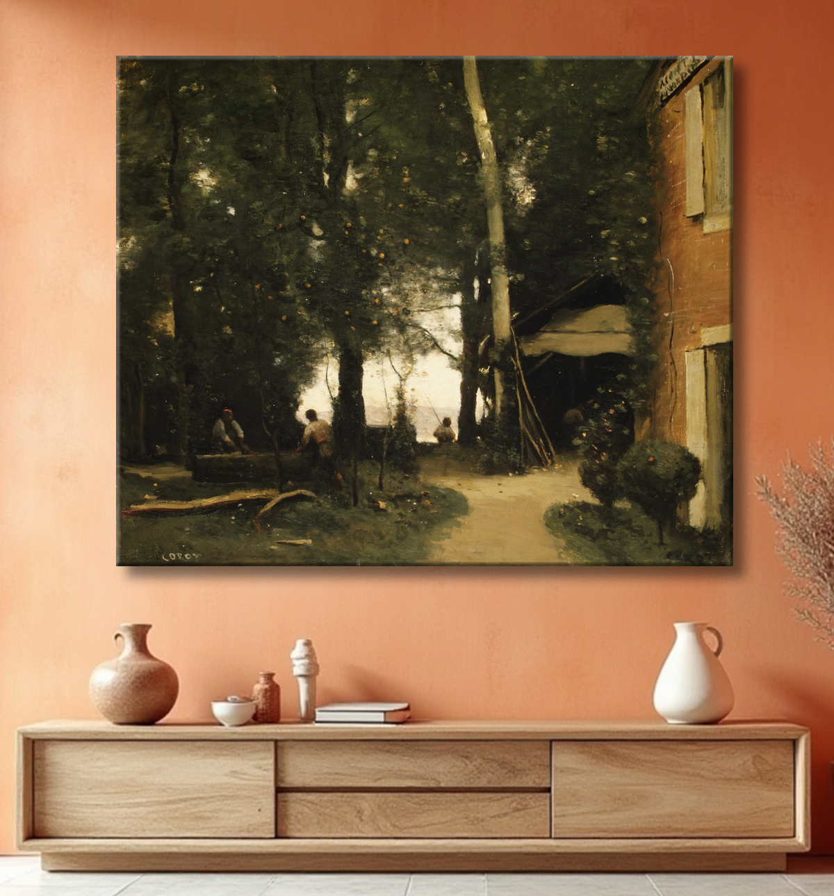 Reproduction Les bords de Seine à Conflans de Camille Corot avec decor