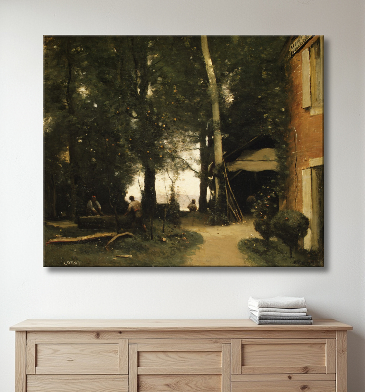 Reproduction Les bords de Seine à Conflans de Camille Corot avec decor