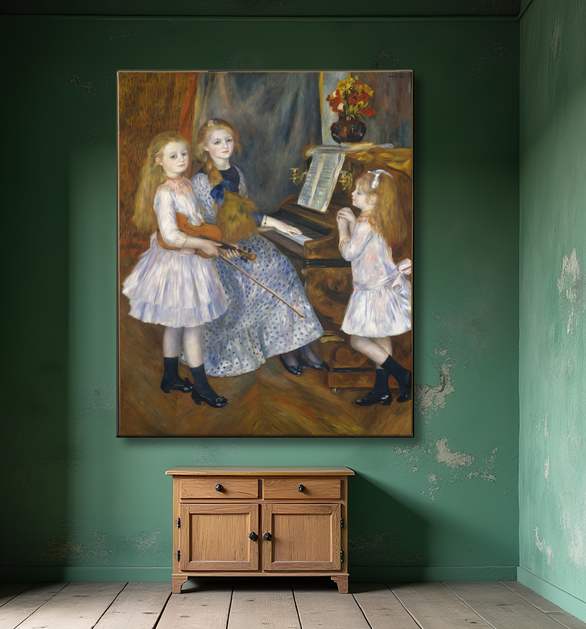 Reproduction Les Filles de Catulle Mendès, Huguette (1871-1964), Claudine (1876-1937) et Helyonne (1879-1955) de Auguste Renoir avec decor