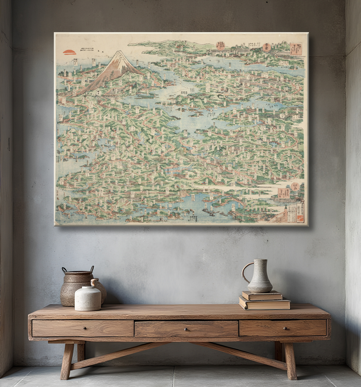 Reproduction Les lieux célèbres du Tokaido en une seule vue (Tokaido meisho ichiran) de Katsushika Hokusai avec decor